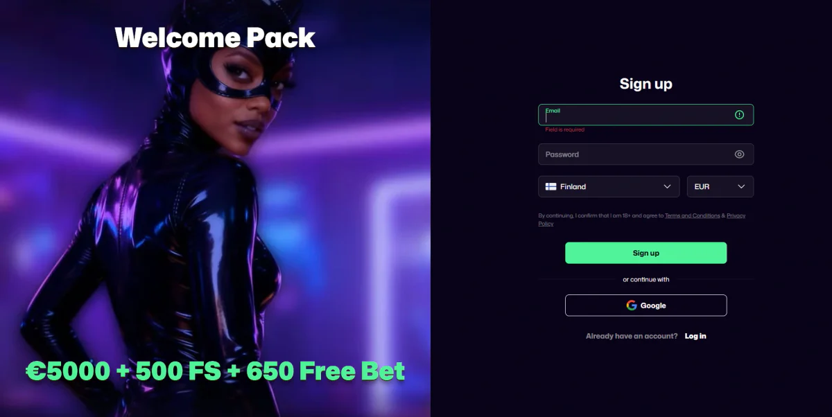 Win Beast Casino registration form with email, password, currency selection and welcome bonus offer